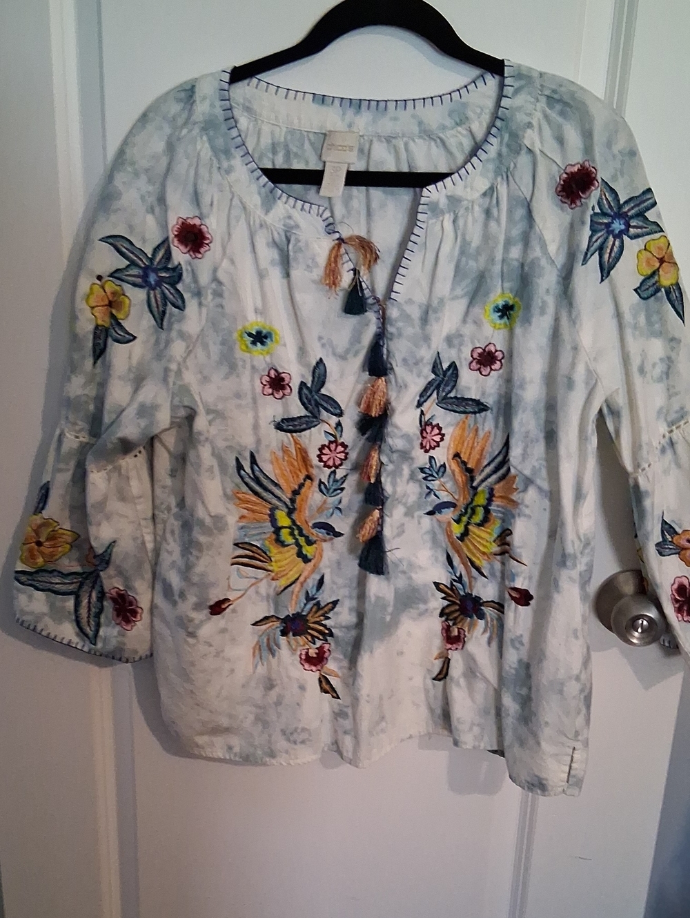 Chico's White Tunic with Multicolor Floral & Bird Embroidery